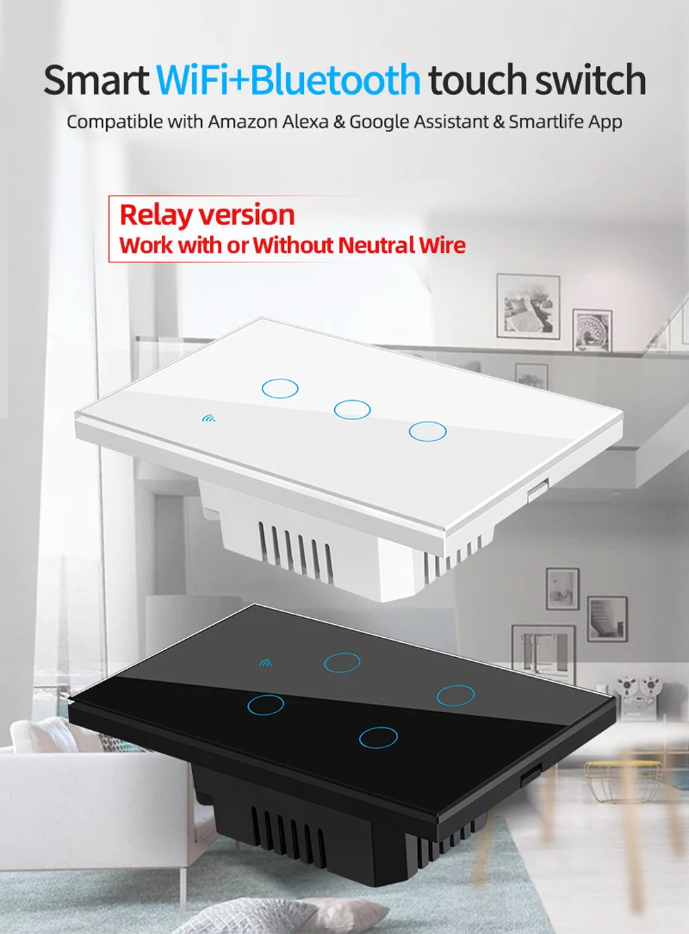 Interruptor inteligente Tuya Smart Switches USAN cable neutro/No se requiere cable neutro Interruptor táctil WiFi de 1/2/3/4 bandas Funciona con Alexa Google Home