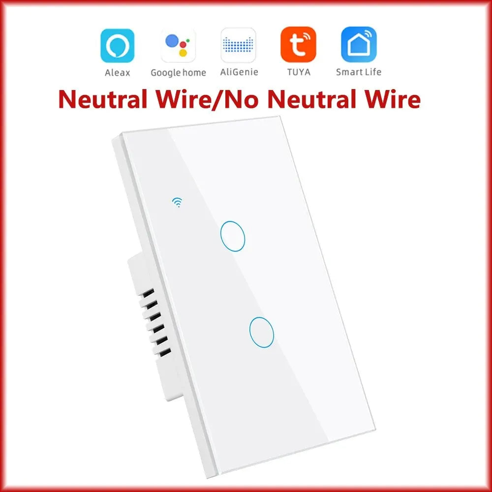 Interruptor inteligente Tuya Smart Switches USAN cable neutro/No se requiere cable neutro Interruptor táctil WiFi de 1/2/3/4 bandas Funciona con Alexa Google Home