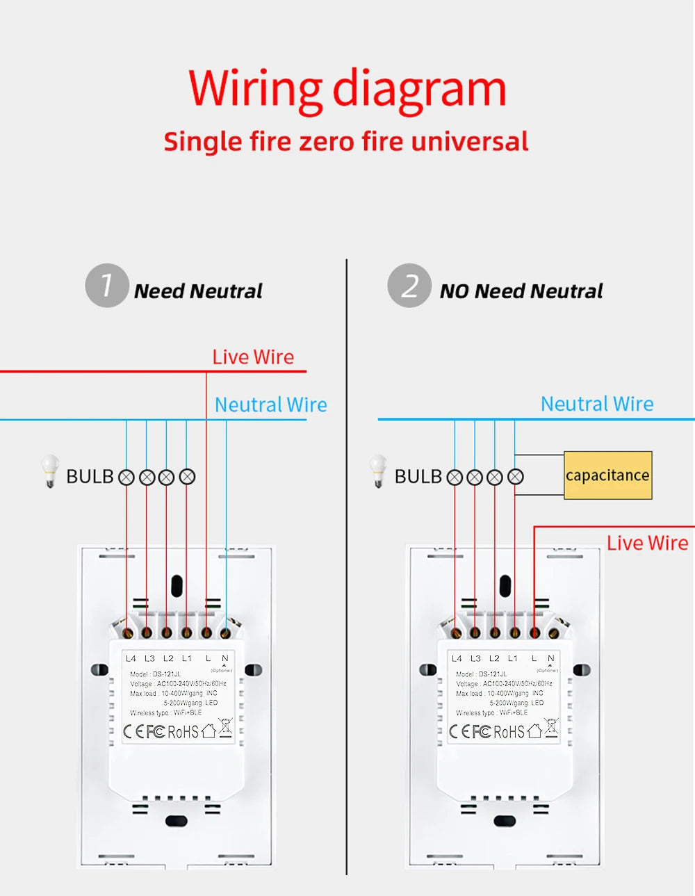 Interruptor inteligente Tuya Smart Switches USAN cable neutro/No se requiere cable neutro Interruptor táctil WiFi de 1/2/3/4 bandas Funciona con Alexa Google Home