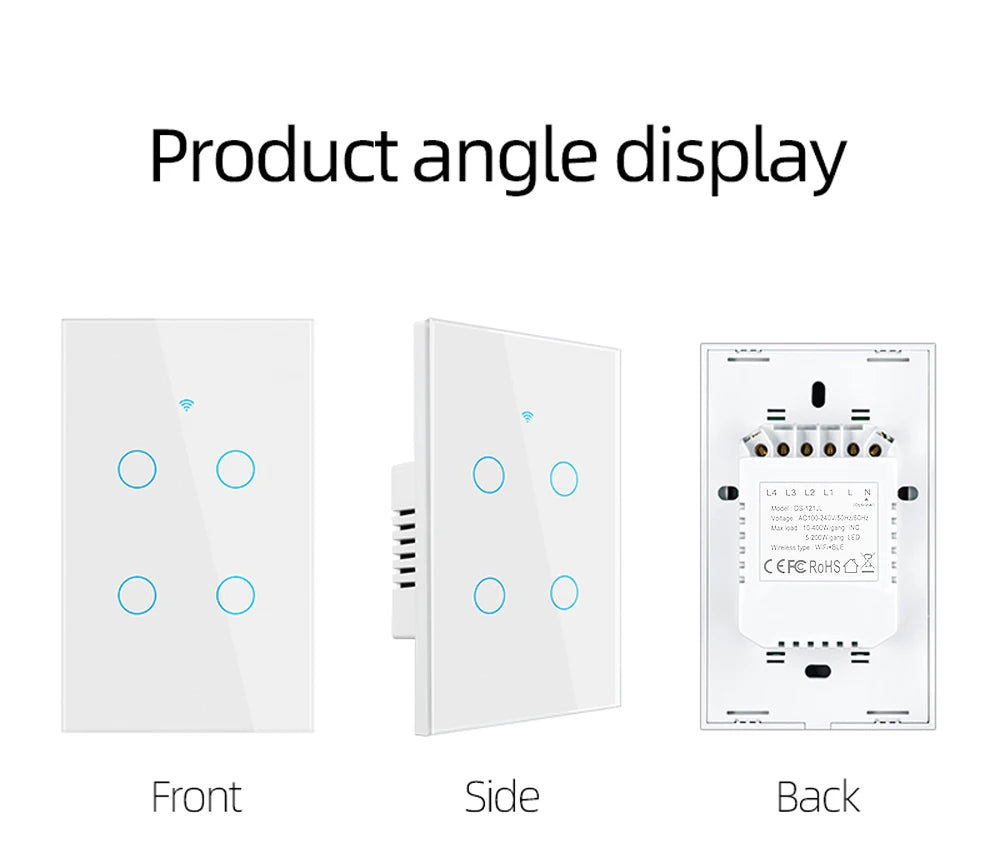 Interruptor inteligente Tuya Smart Switches USAN cable neutro/No se requiere cable neutro Interruptor táctil WiFi de 1/2/3/4 bandas Funciona con Alexa Google Home
