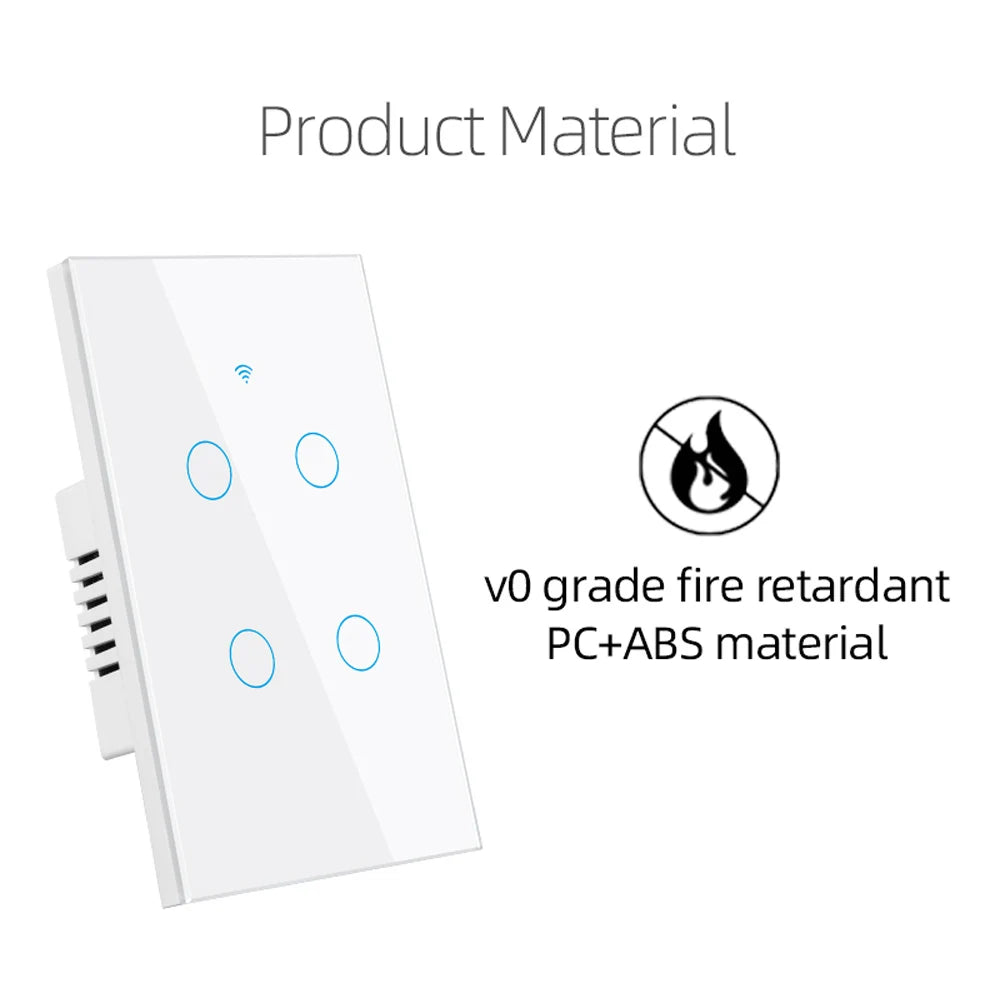 Interruptor inteligente Tuya Smart Switches USAN cable neutro/No se requiere cable neutro Interruptor táctil WiFi de 1/2/3/4 bandas Funciona con Alexa Google Home