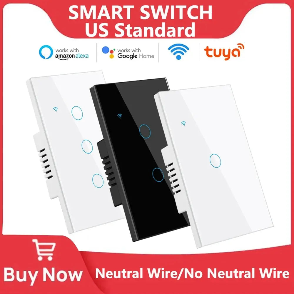 Interruptor inteligente Tuya Smart Switches USAN cable neutro/No se requiere cable neutro Interruptor táctil WiFi de 1/2/3/4 bandas Funciona con Alexa Google Home