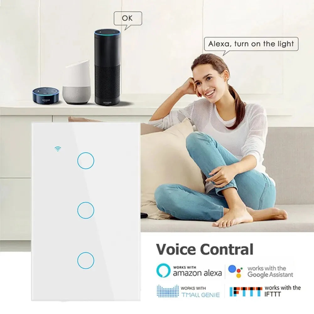 Interruptor inteligente Tuya Smart Switches USAN cable neutro/No se requiere cable neutro Interruptor táctil WiFi de 1/2/3/4 bandas Funciona con Alexa Google Home