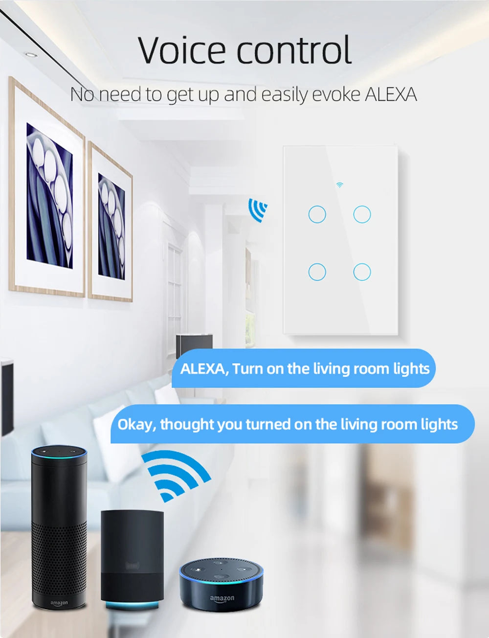 Interruptor inteligente Tuya Smart Switches USAN cable neutro/No se requiere cable neutro Interruptor táctil WiFi de 1/2/3/4 bandas Funciona con Alexa Google Home