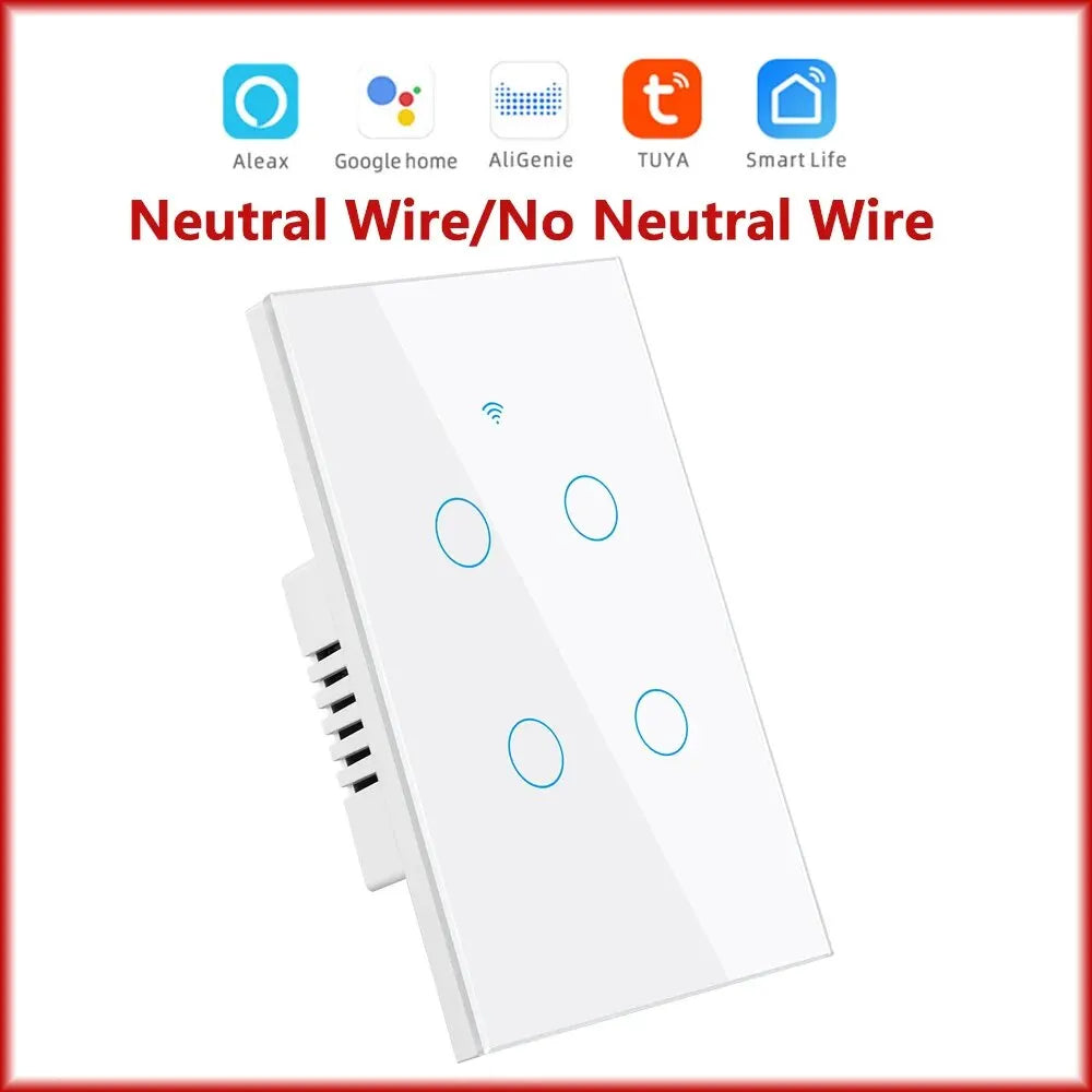 Interruptor inteligente Tuya Smart Switches USAN cable neutro/No se requiere cable neutro Interruptor táctil WiFi de 1/2/3/4 bandas Funciona con Alexa Google Home